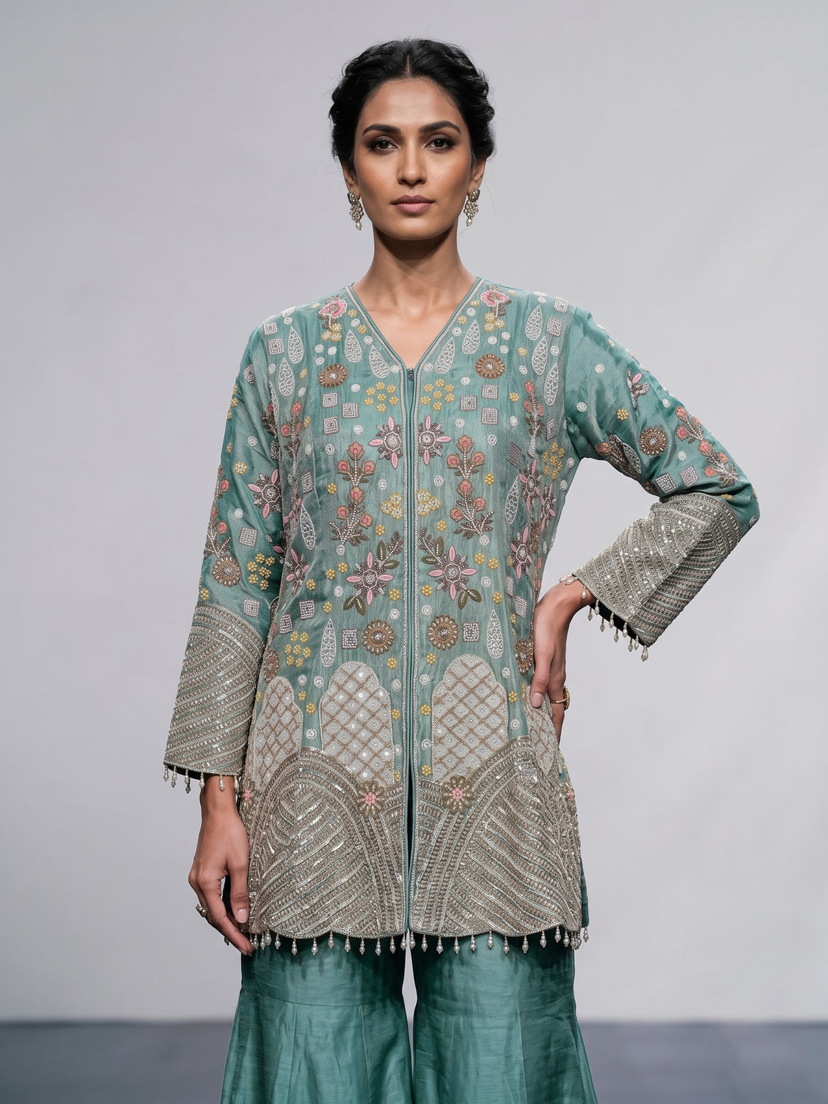 Pastel mint blue silk palazzo suit with sequins and tassel detailing