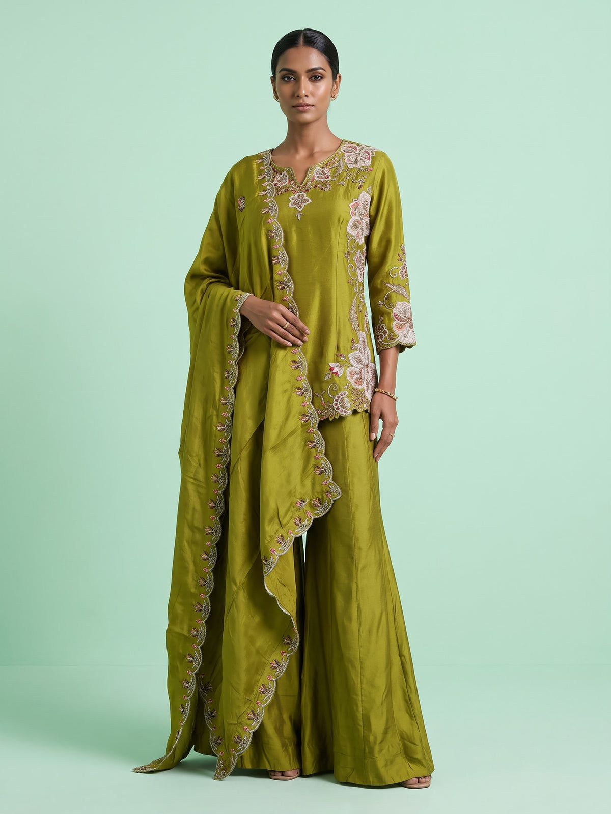 Mehendi green satin silk palazzo suit with zardosi embellishments