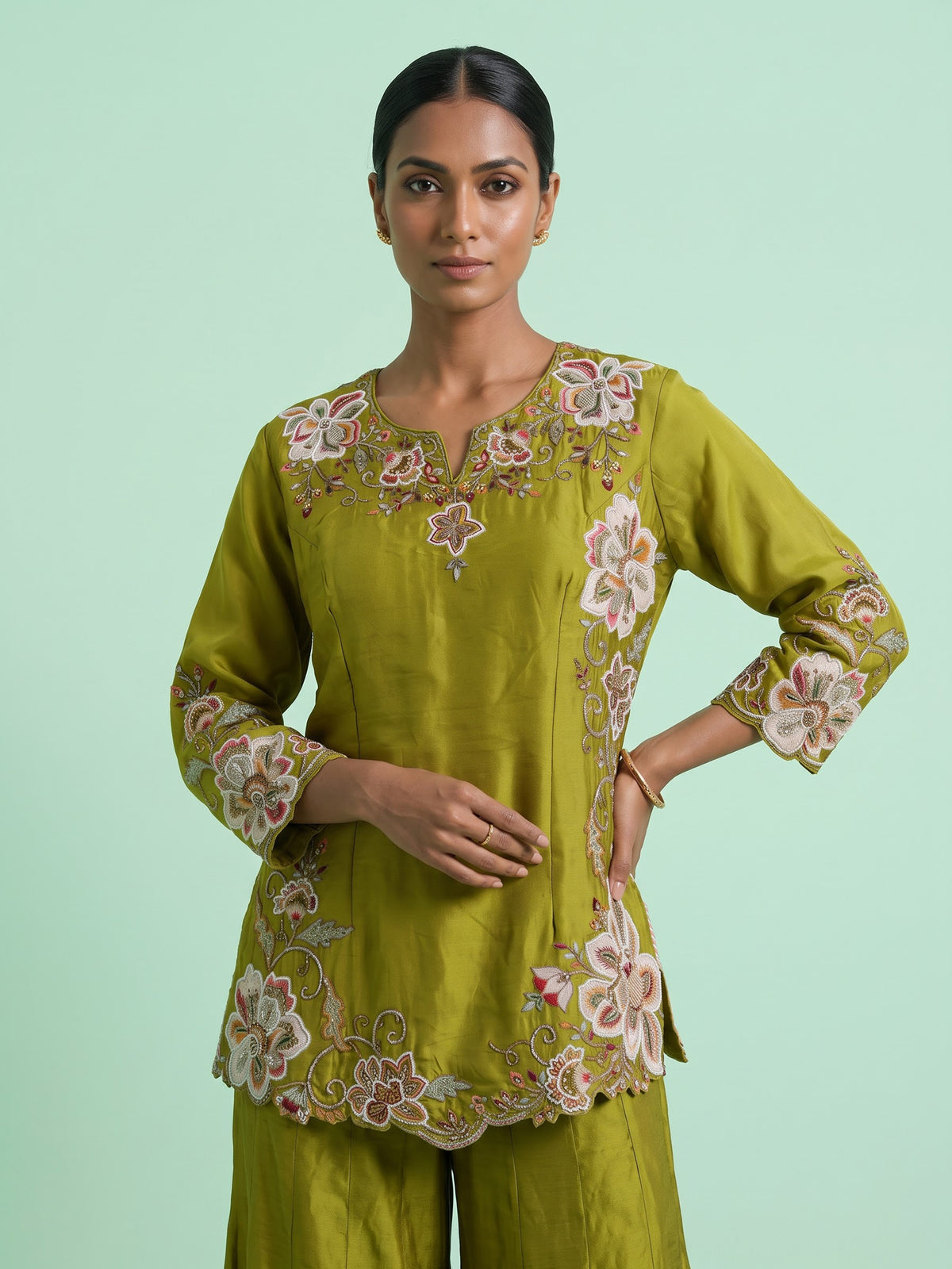 Mehendi green satin silk palazzo suit with zardosi embellishments