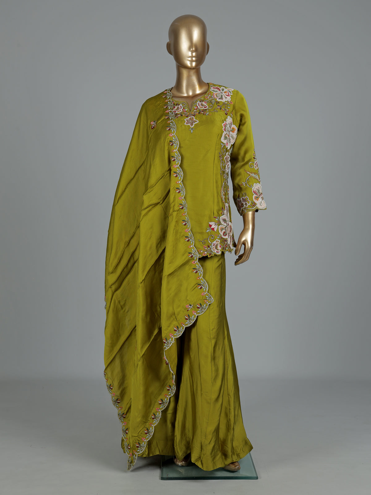 Mehendi green satin silk palazzo suit with zardosi embellishments