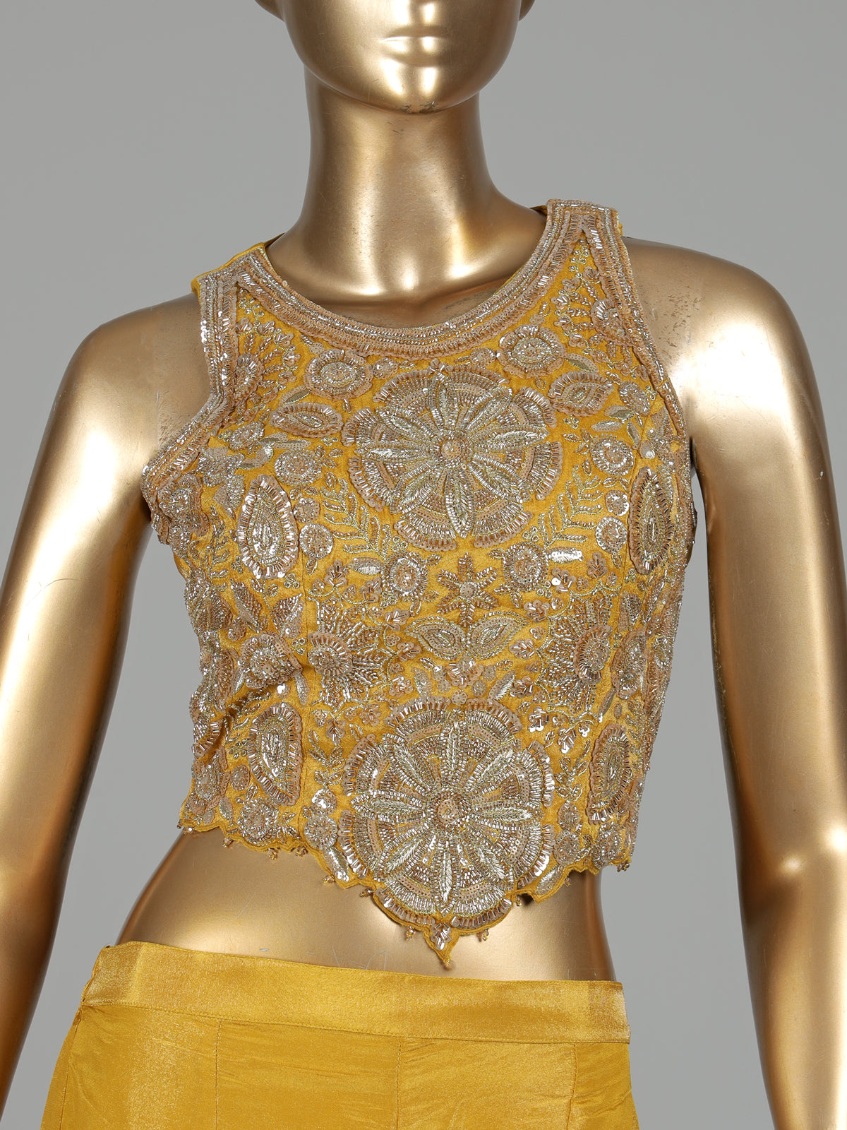 Mustard yellow silk palazzo suit with cutdana and sequin detailing