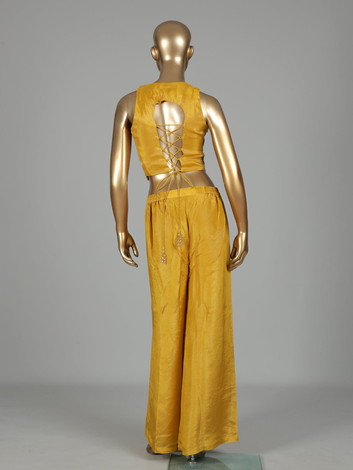 Mustard yellow silk palazzo suit with cutdana and sequin detailing