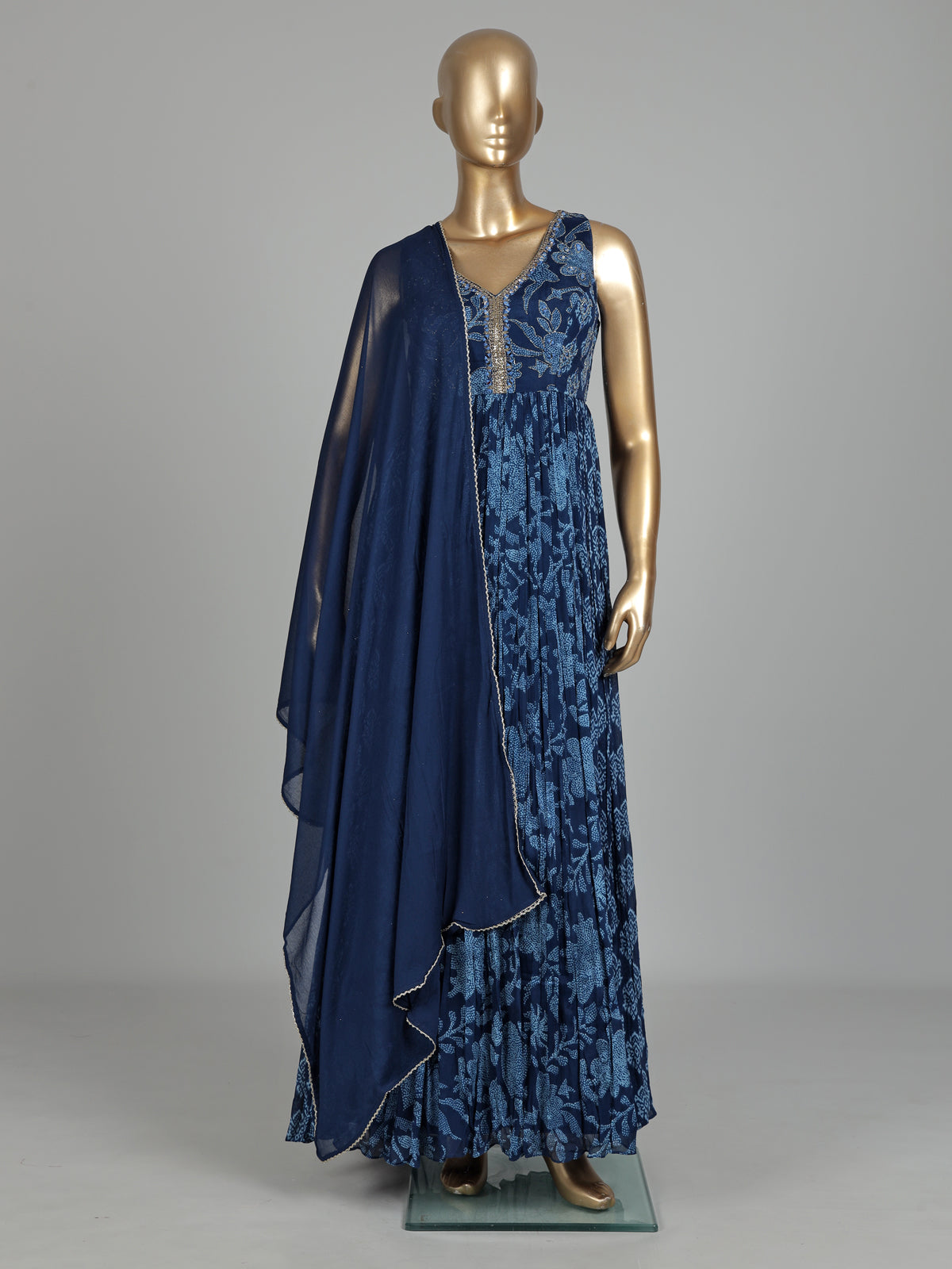Blue printed georgette silk anarkali with zardosi and aabla detailing