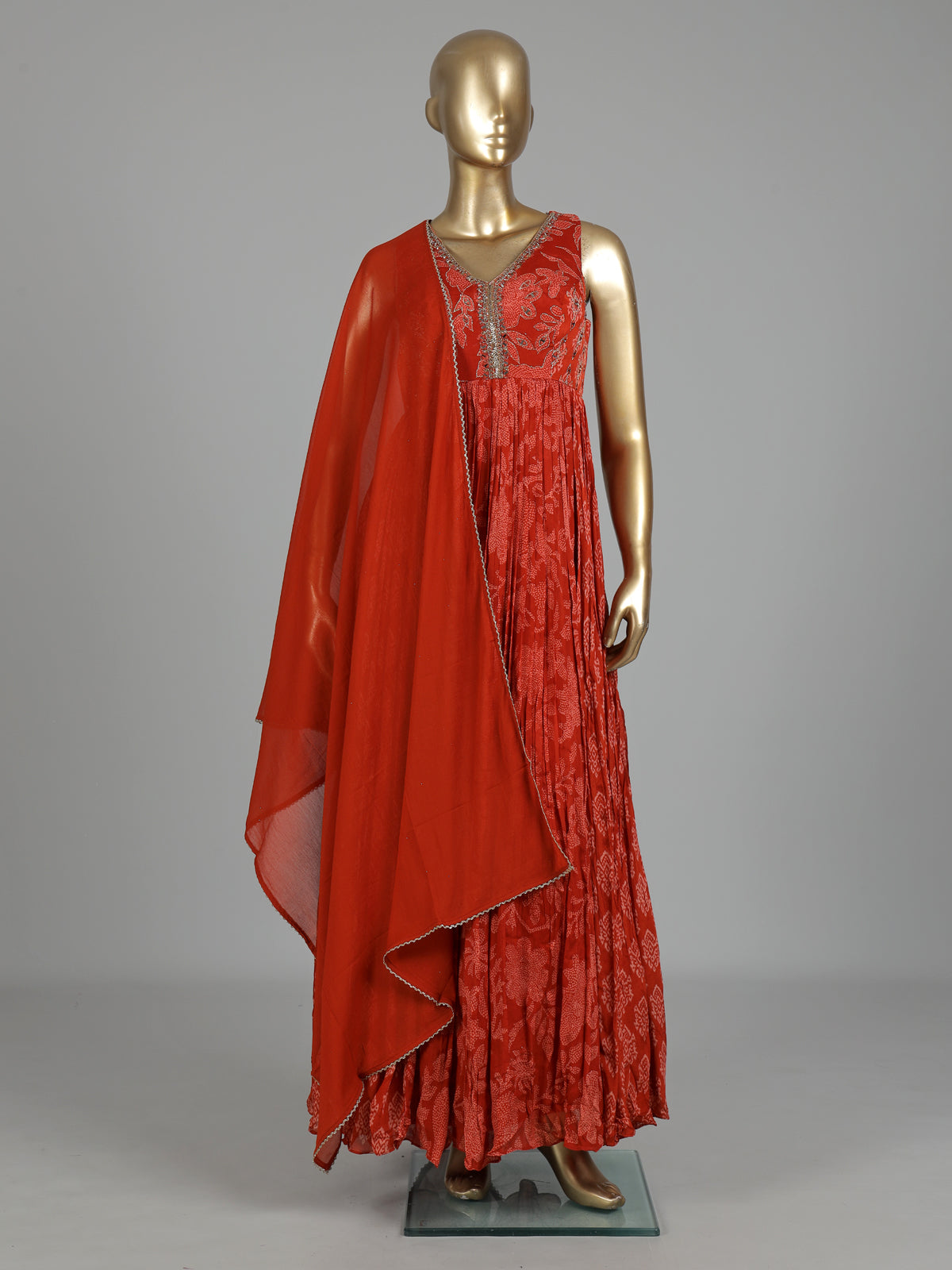 Rust red printed georgette silk anarkali with aabla embellishments