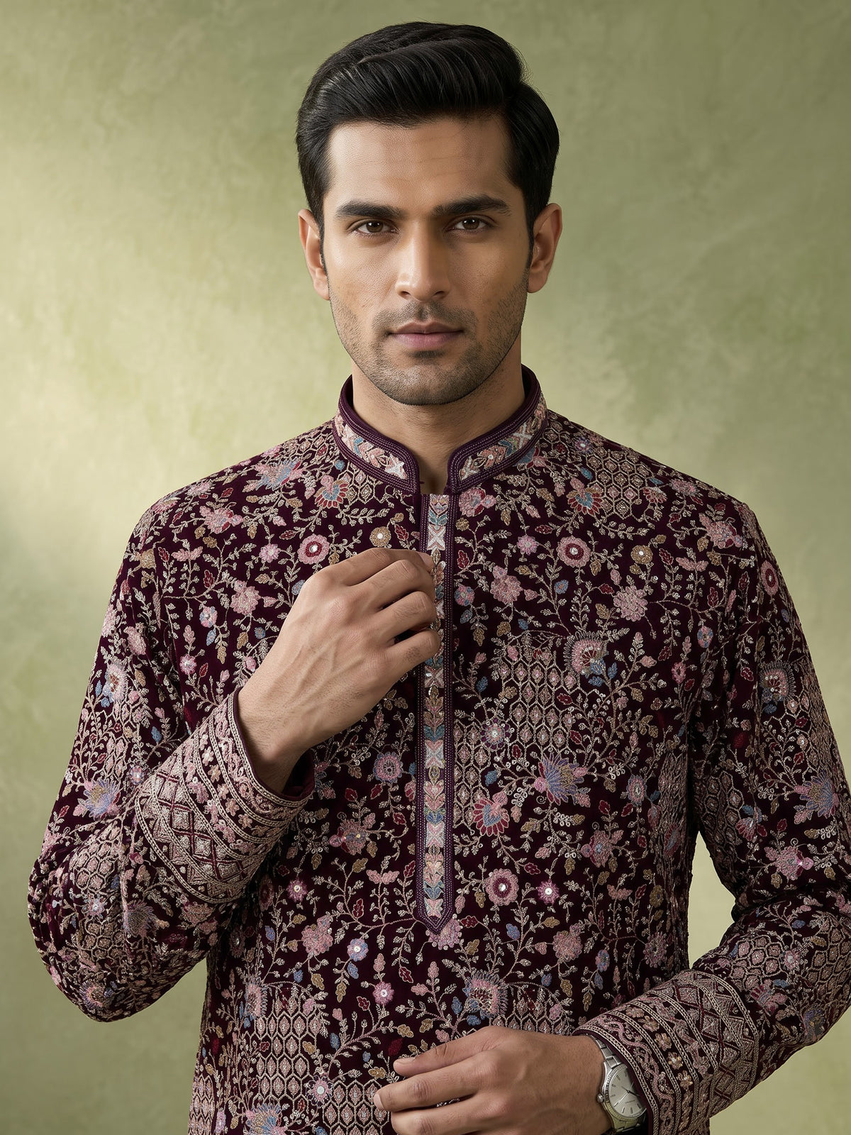 Wine velvet mens kurta suit with mirror stone sequin embroidery
