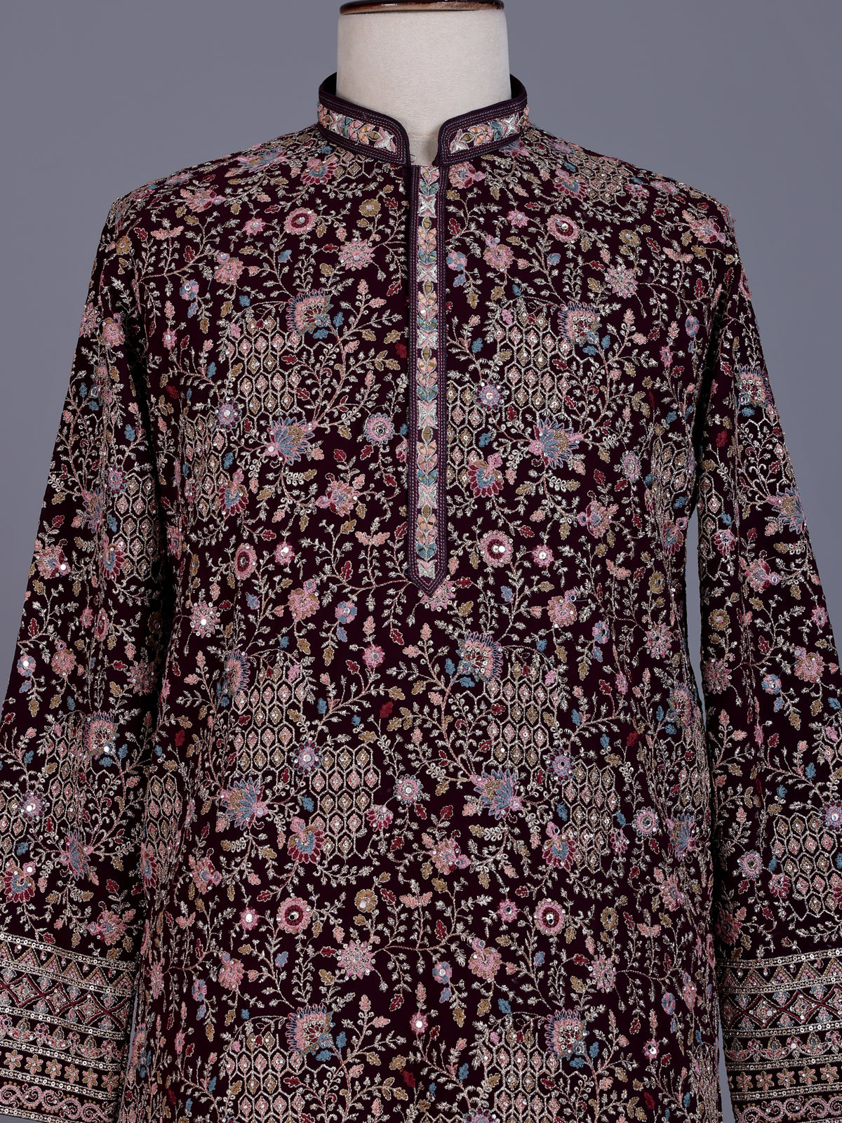 Wine velvet mens kurta suit with mirror stone sequin embroidery