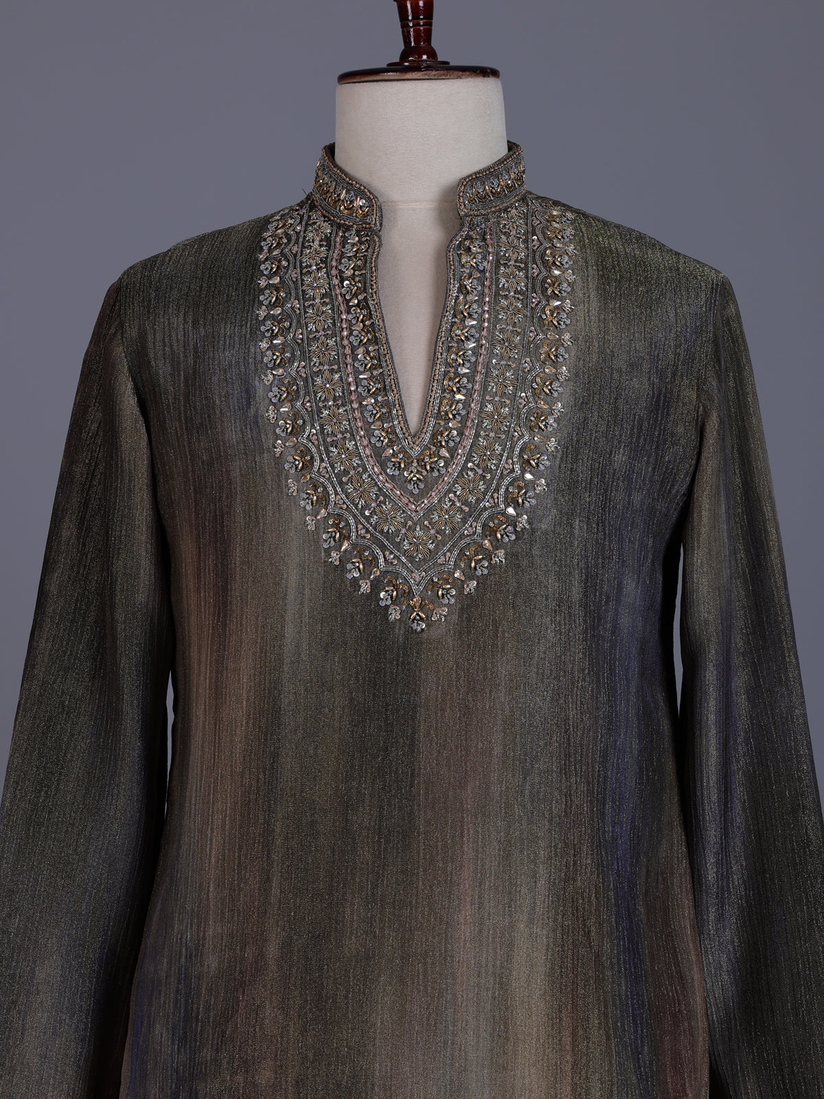 Pastel grey chiffon georgette mens kurta suit with zardosi yoke