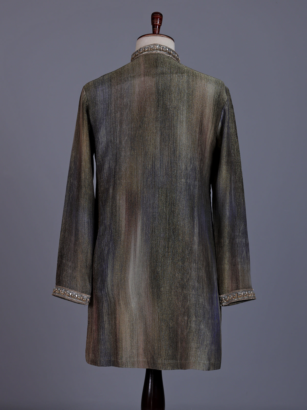 Pastel grey chiffon georgette mens kurta suit with zardosi yoke