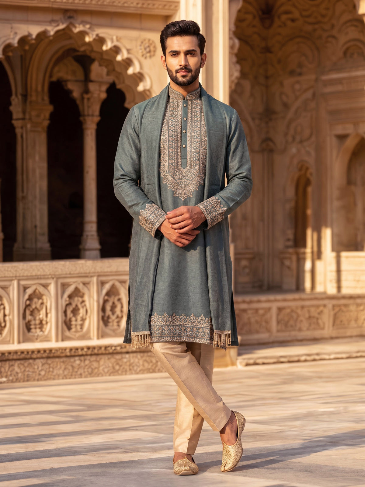 Pista green silk mens kurta suit with mirror bead embroidery