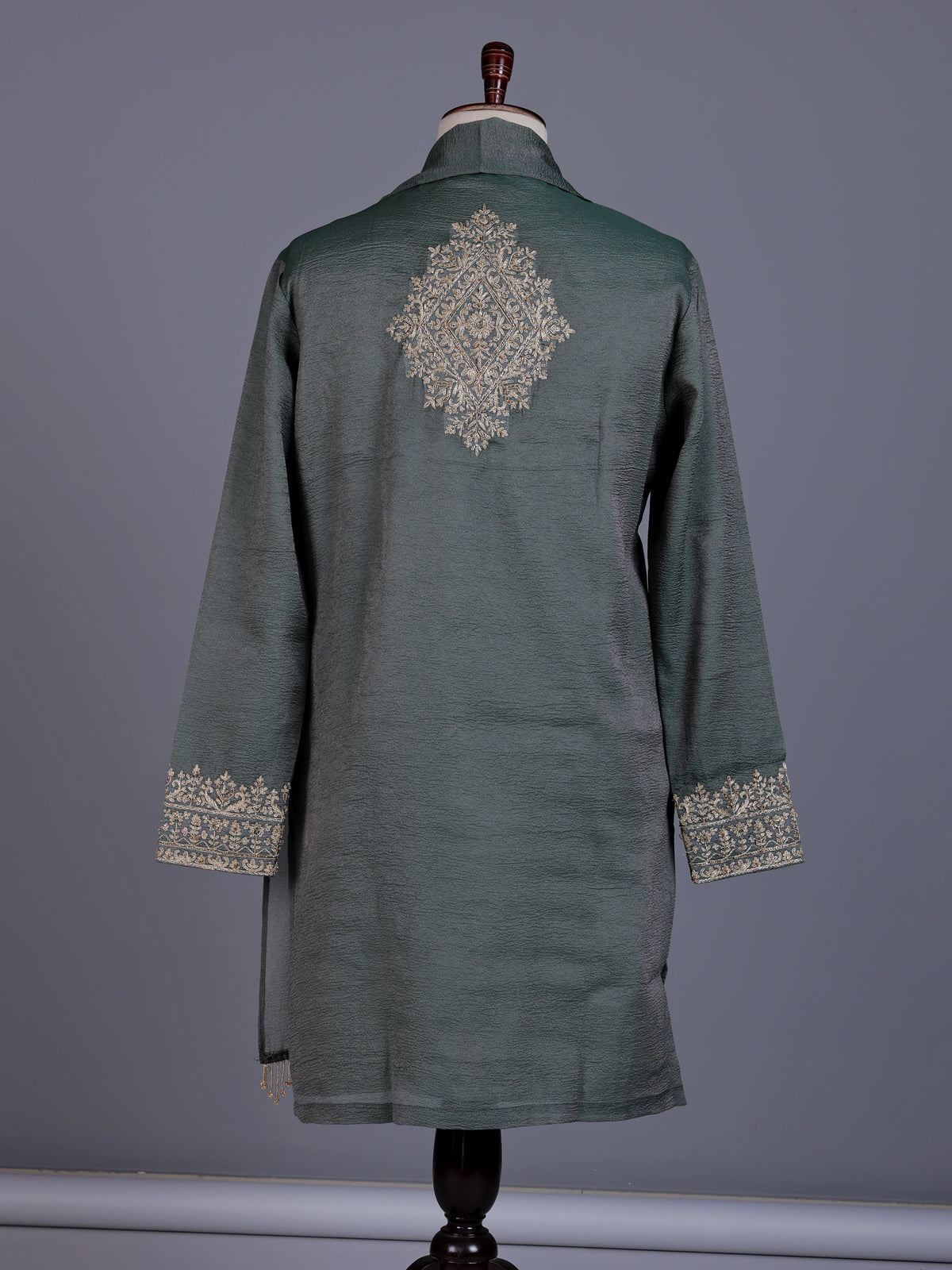 Pista green silk mens kurta suit with mirror bead embroidery