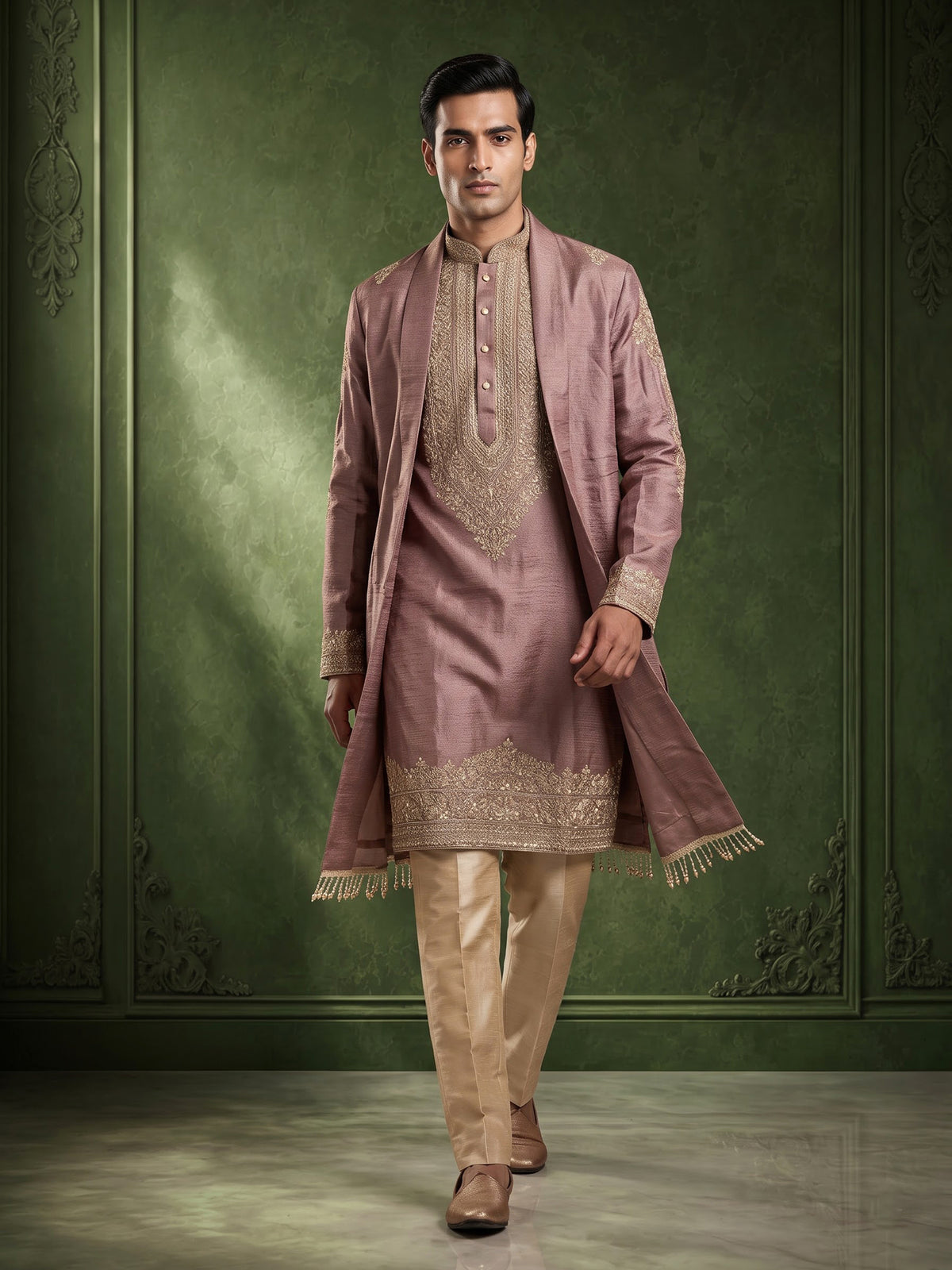 Pastel light wine silk mens kurta suit with embellished yoke