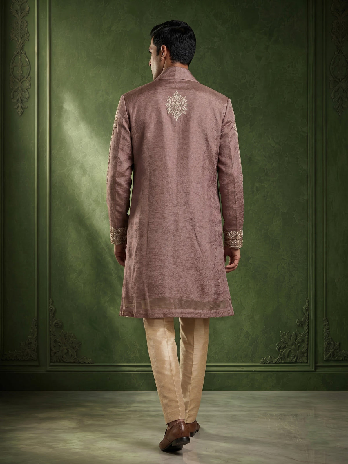 Pastel light wine silk mens kurta suit with embellished yoke