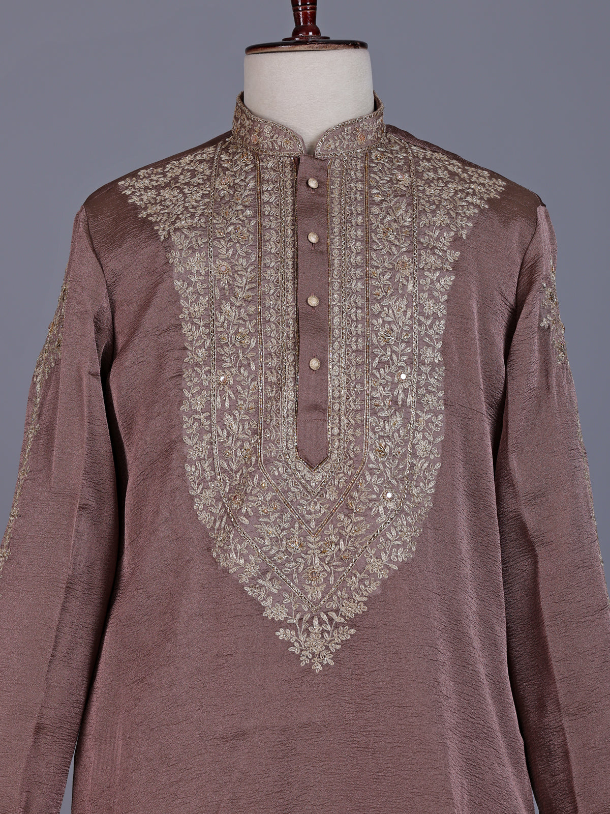 Pastel light wine silk mens kurta suit with embellished yoke