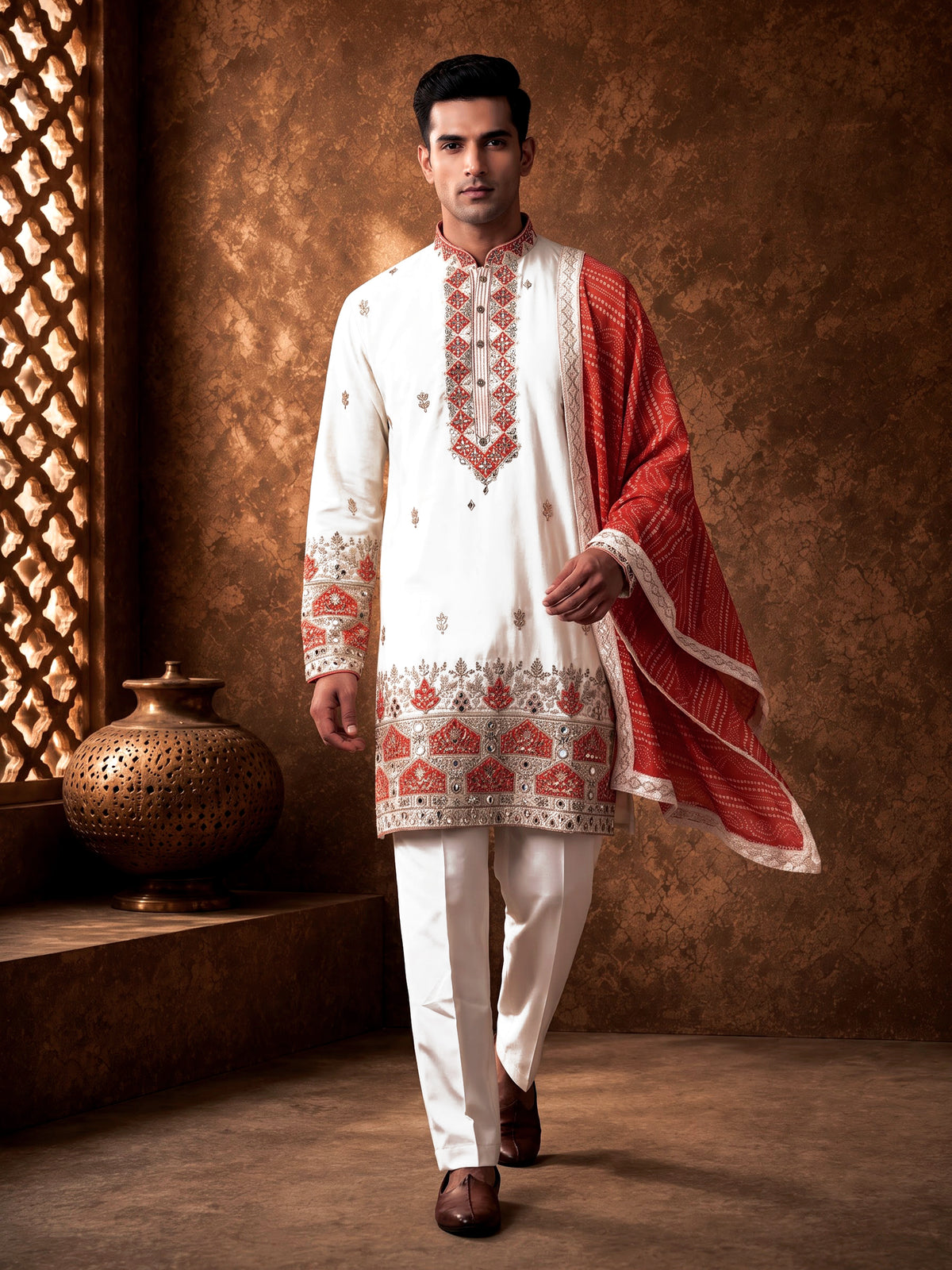 White silk mens kurta suit with bandhani dupatta and embroidery