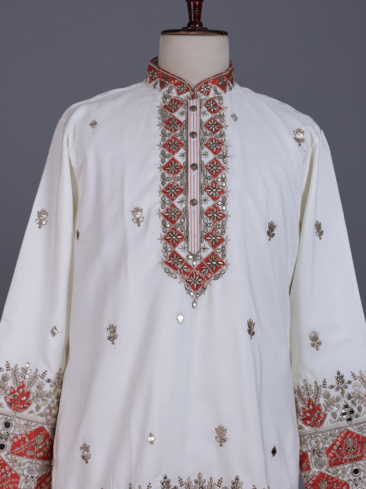 White silk mens kurta suit with bandhani dupatta and embroidery