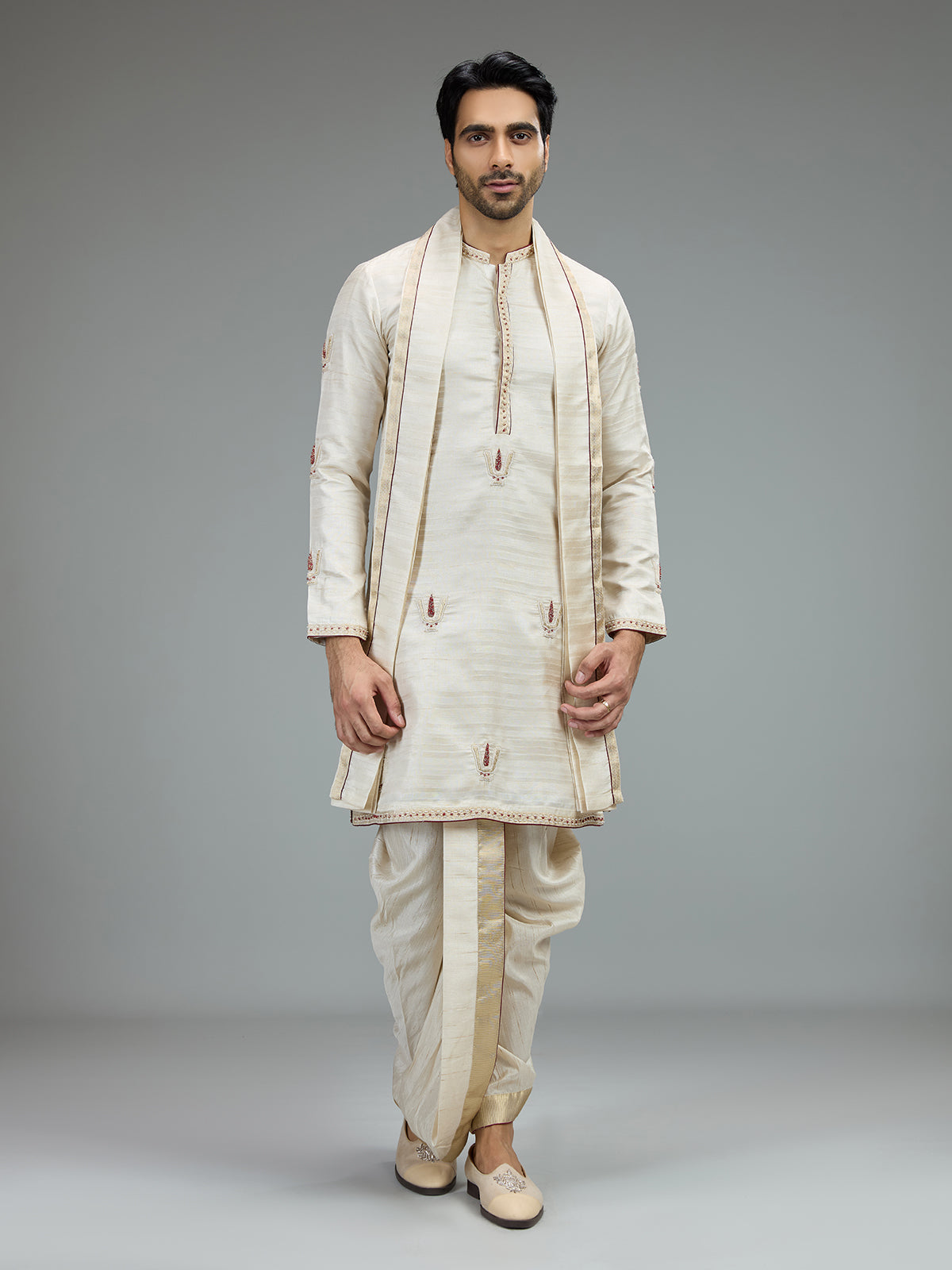 Cream embroidered dhoti kurta suit for men