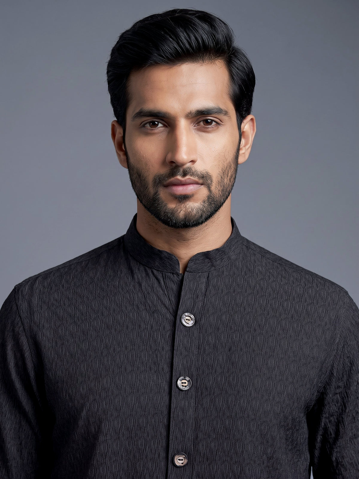 Charcoal black solid textured shirt style kurta for mens