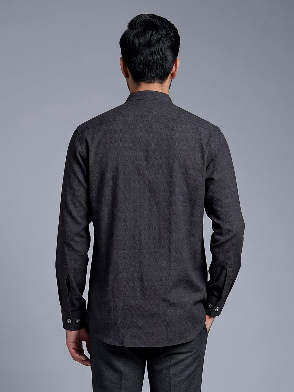 Charcoal black solid textured shirt style kurta for mens