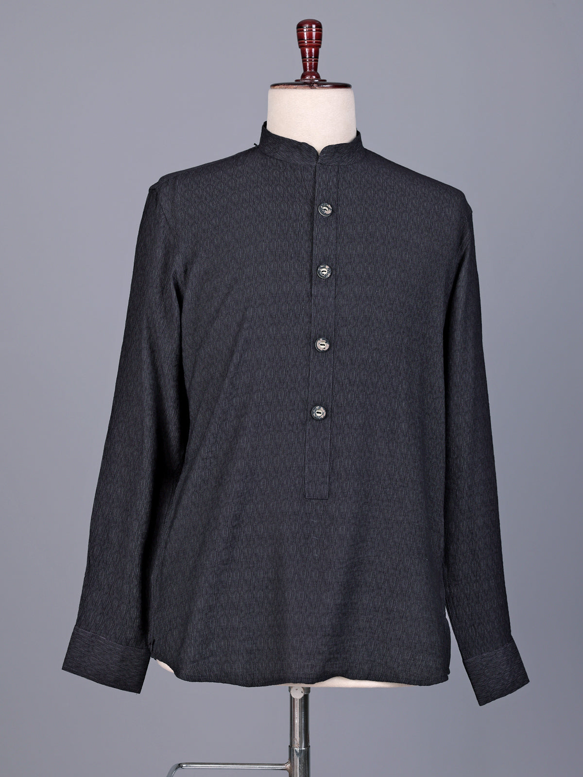 Charcoal black solid textured shirt style kurta for mens
