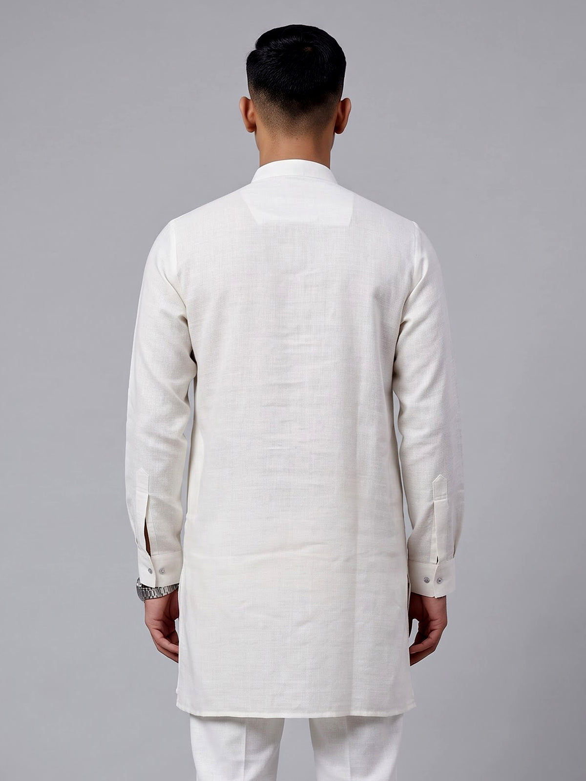 Off white abstract collage printed linen blend kurta for mens
