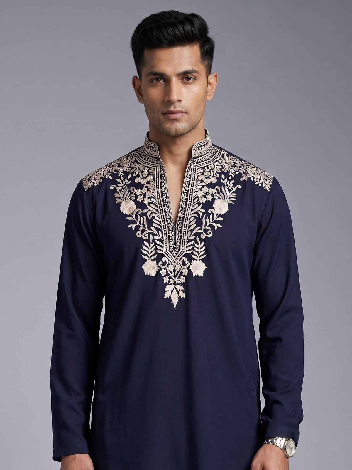 Navy ivory embroidered premium cotton blend kurta for mens