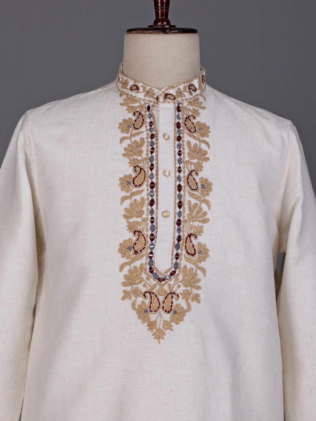 Off white thread and aabla cotton linen kurta for mens