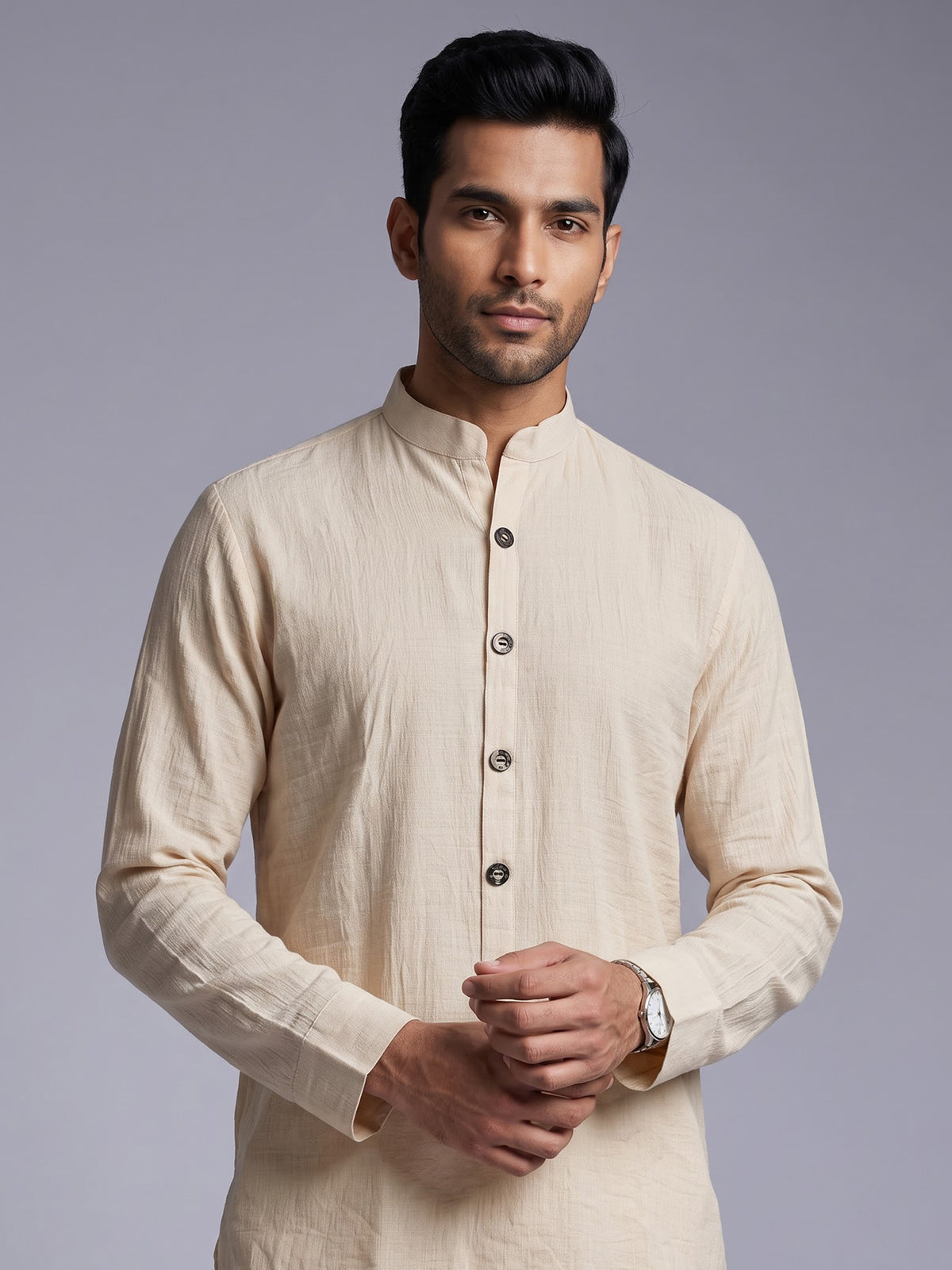 Beige solid textured shirt style cotton blend kurta for mens