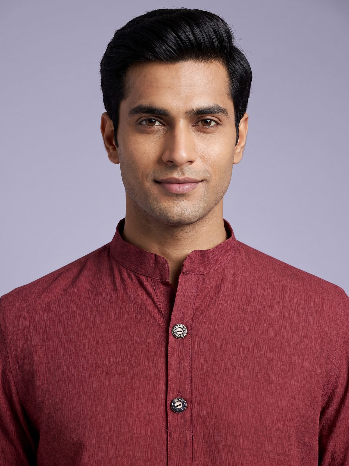 Maroon solid textured shirt style cotton blend kurta for mens