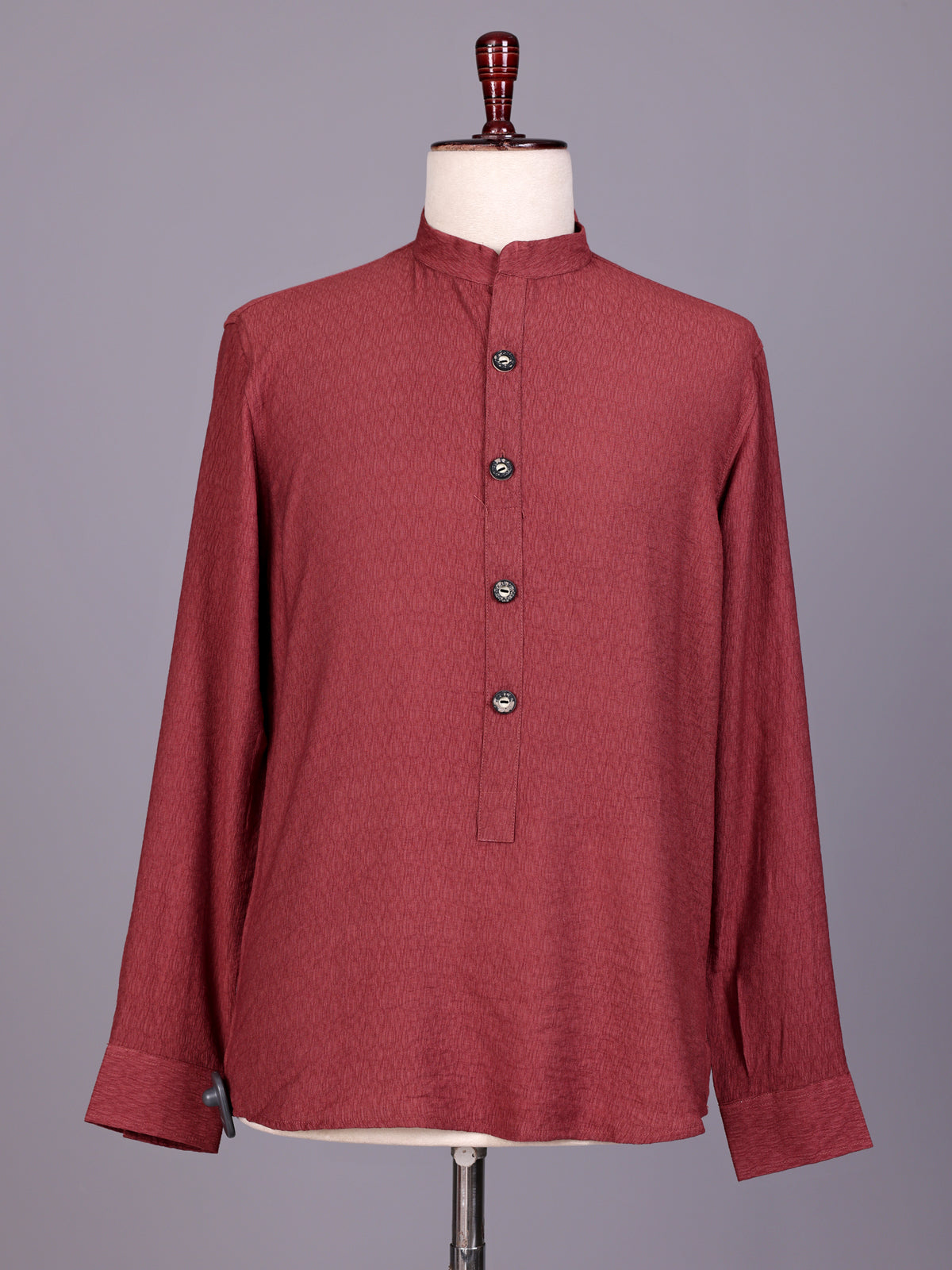 Maroon solid textured shirt style cotton blend kurta for mens