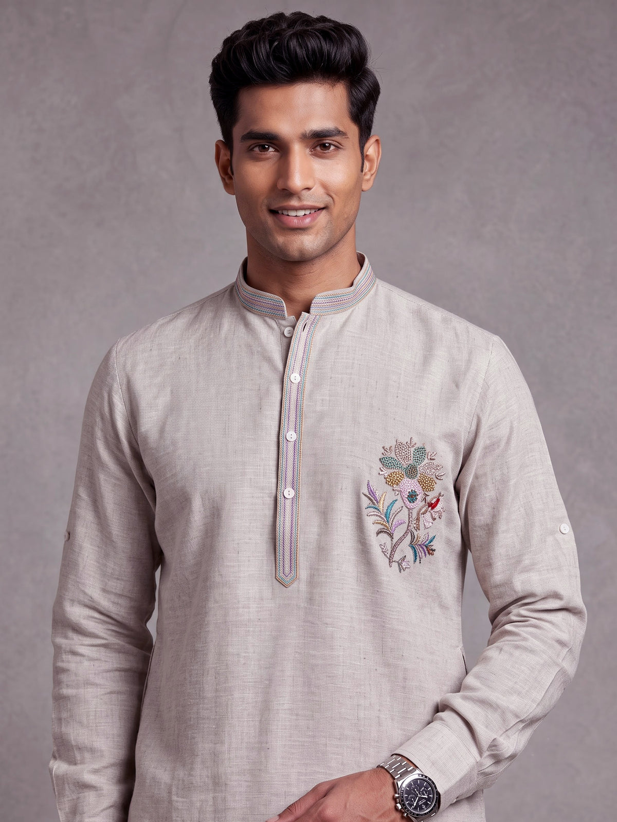 Grey thread sequins zardosi cotton linen kurta for mens