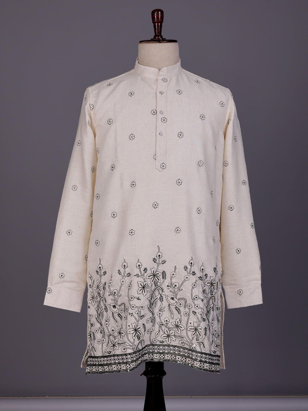 Cream black embroidered sequined cotton linen kurta for mens