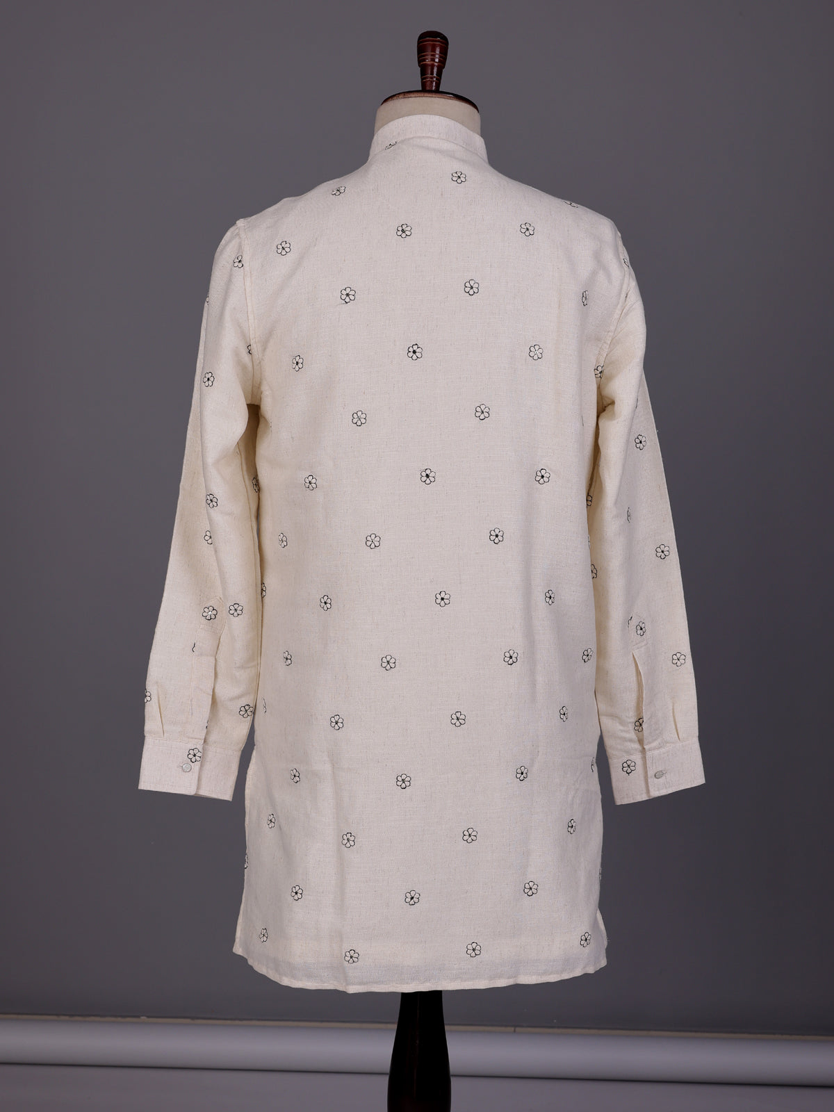Cream black embroidered sequined cotton linen kurta for mens