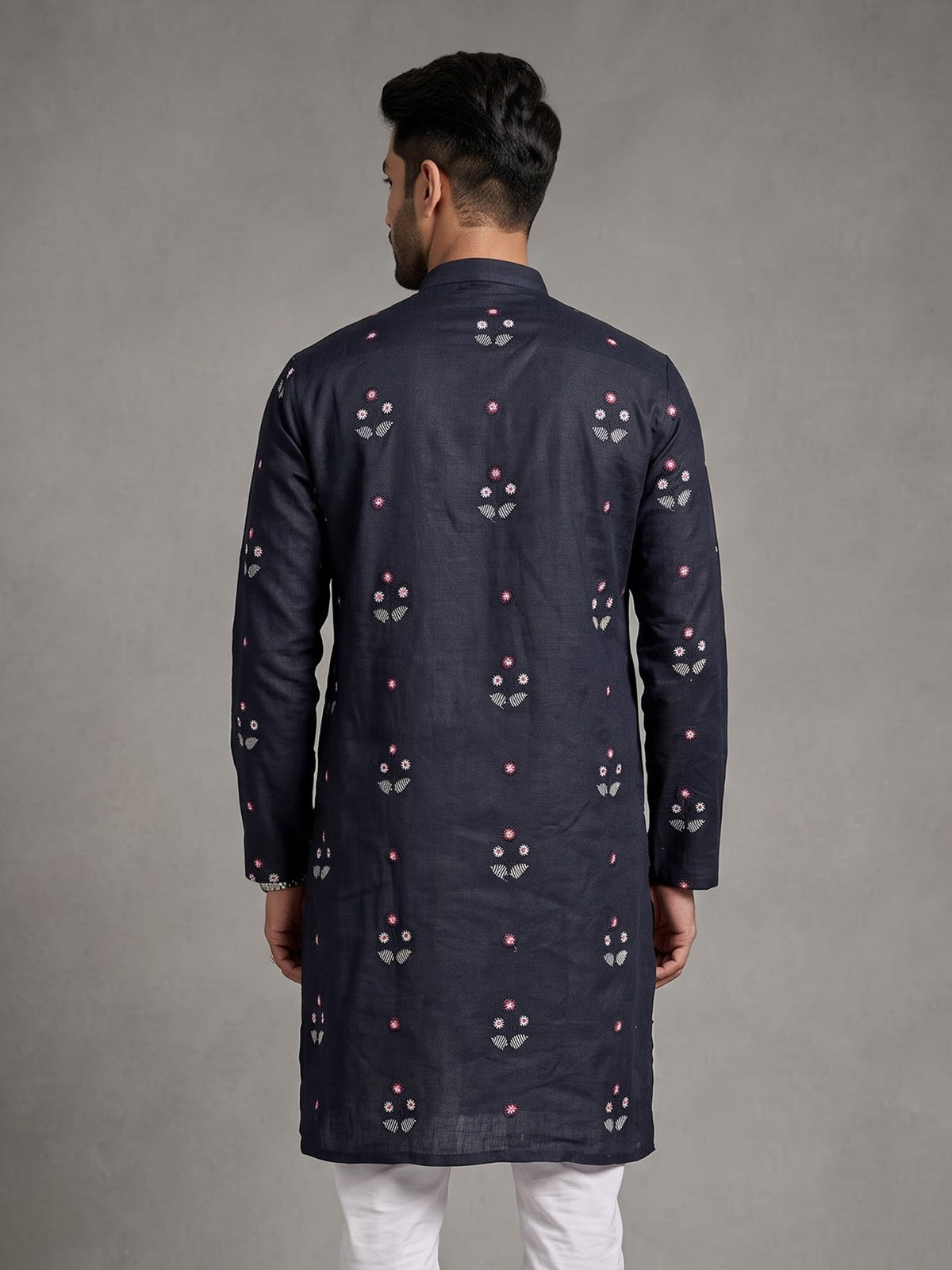 Navy floral embroidered cotton linen kurta with Chinese collar for mens