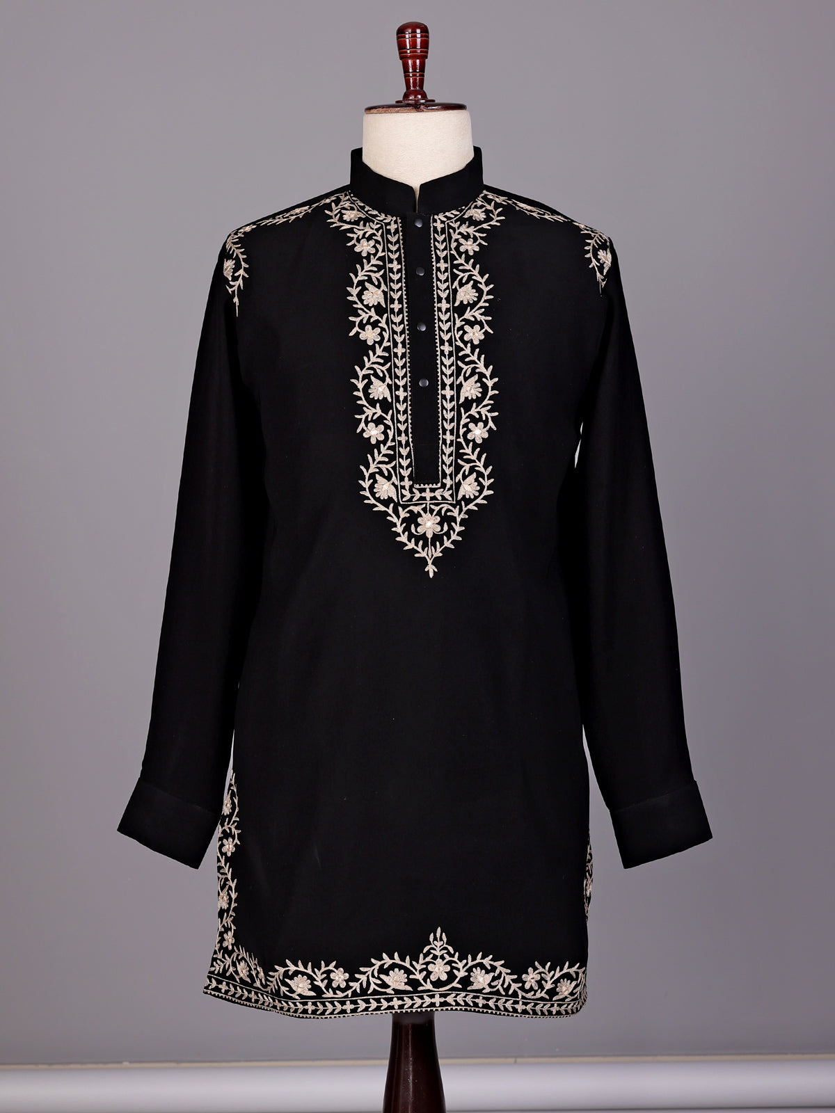 Black Kashmiri thread aabla embroidered cotton blend kurta for mens
