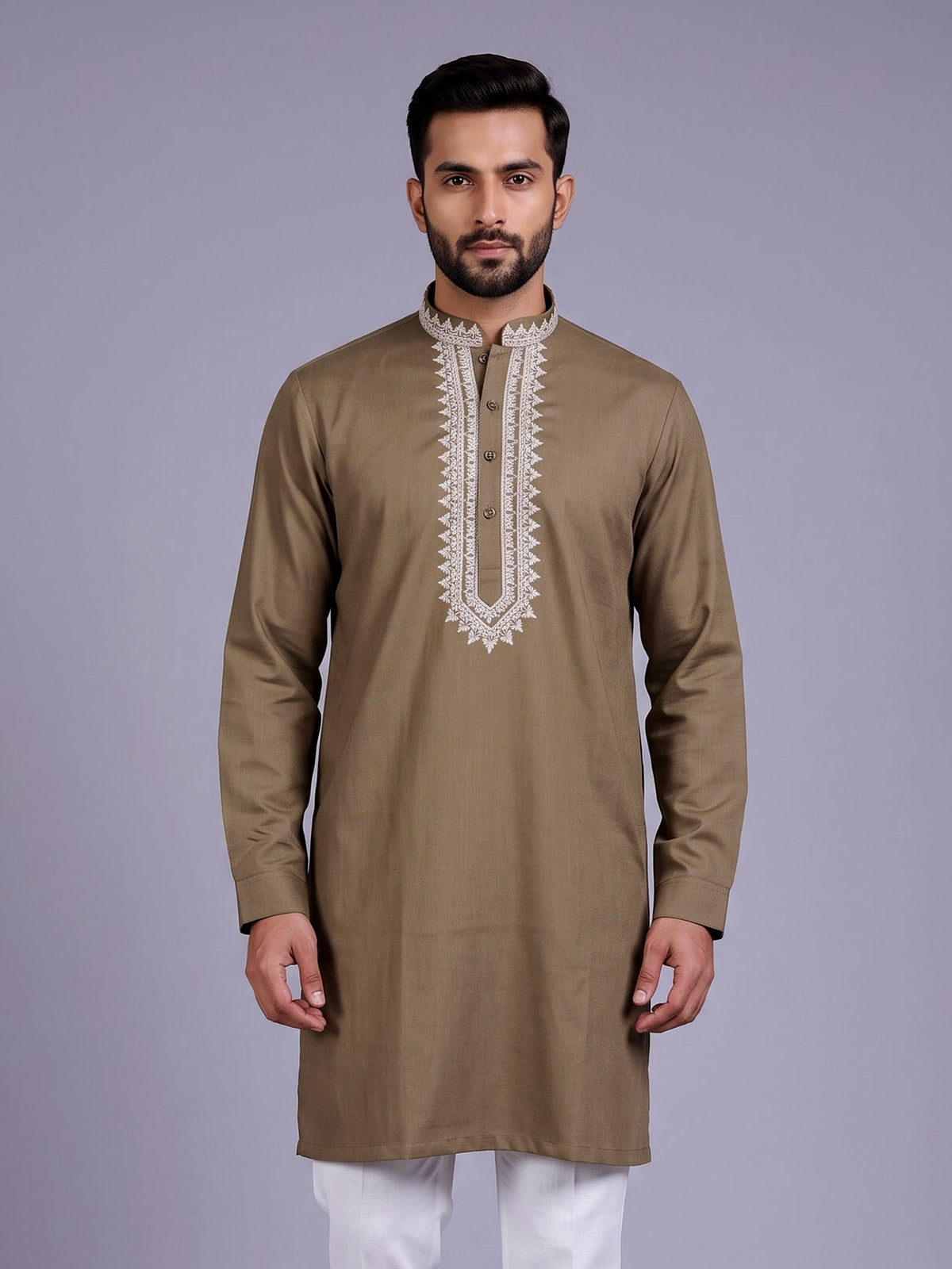 Dark khaki ivory thread embroidered cotton silk kurta for mens