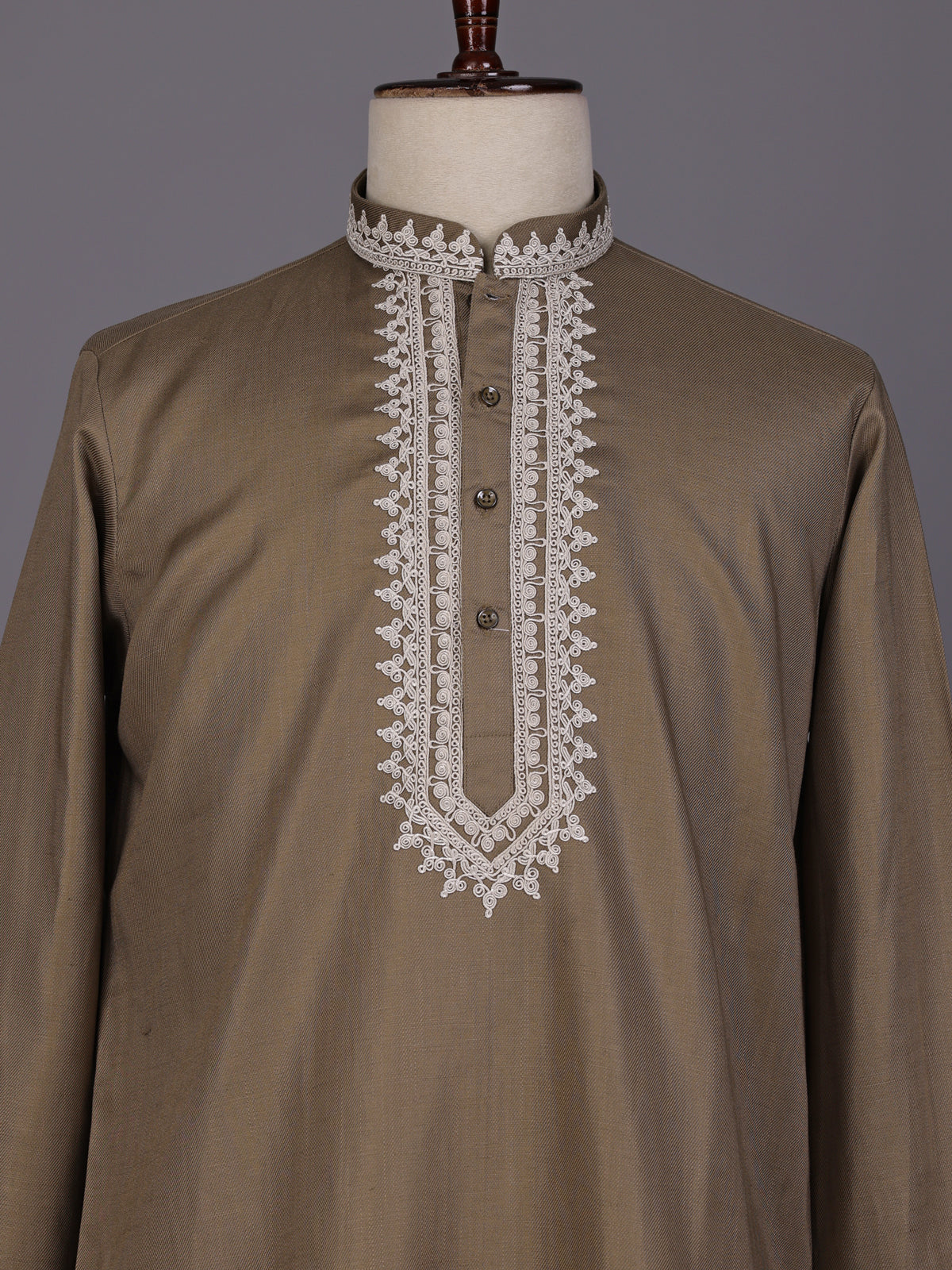 Dark khaki ivory thread embroidered cotton silk kurta for mens