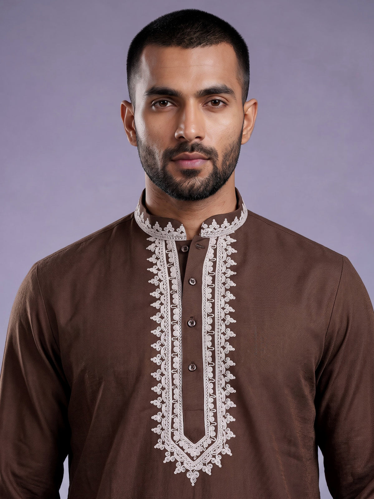 Brown ivory thread embroidered cotton silk kurta for mens