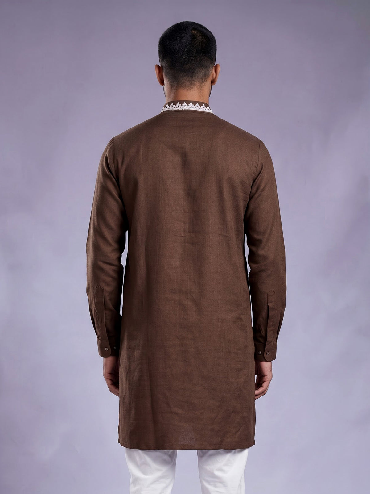 Brown ivory thread embroidered cotton silk kurta for mens