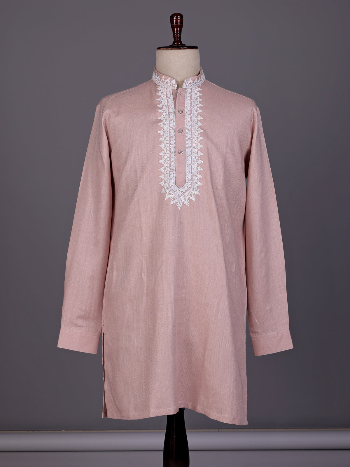 Pink ivory thread embroidered cotton silk kurta for mens