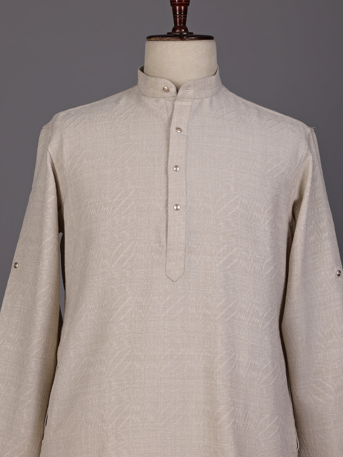 Off white embroidered cotton linen Chinese collar kurta for mens