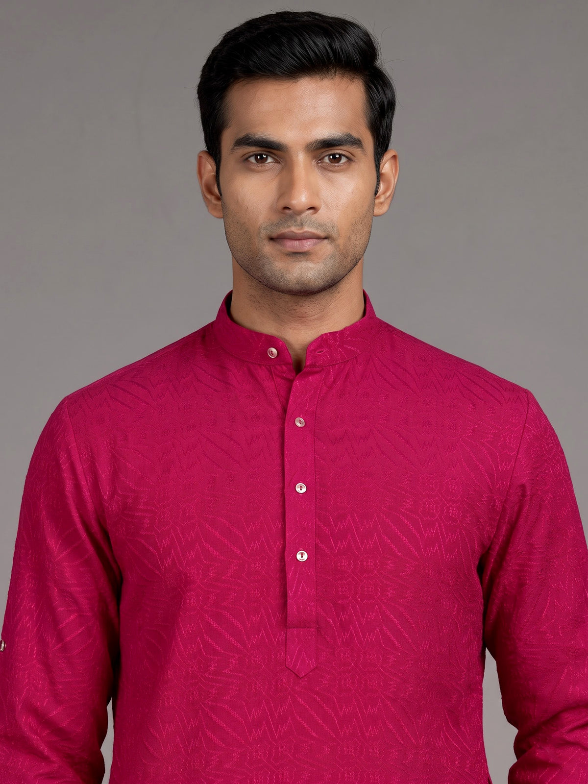 Rani pink embroidered cotton linen Chinese collar kurta for mens
