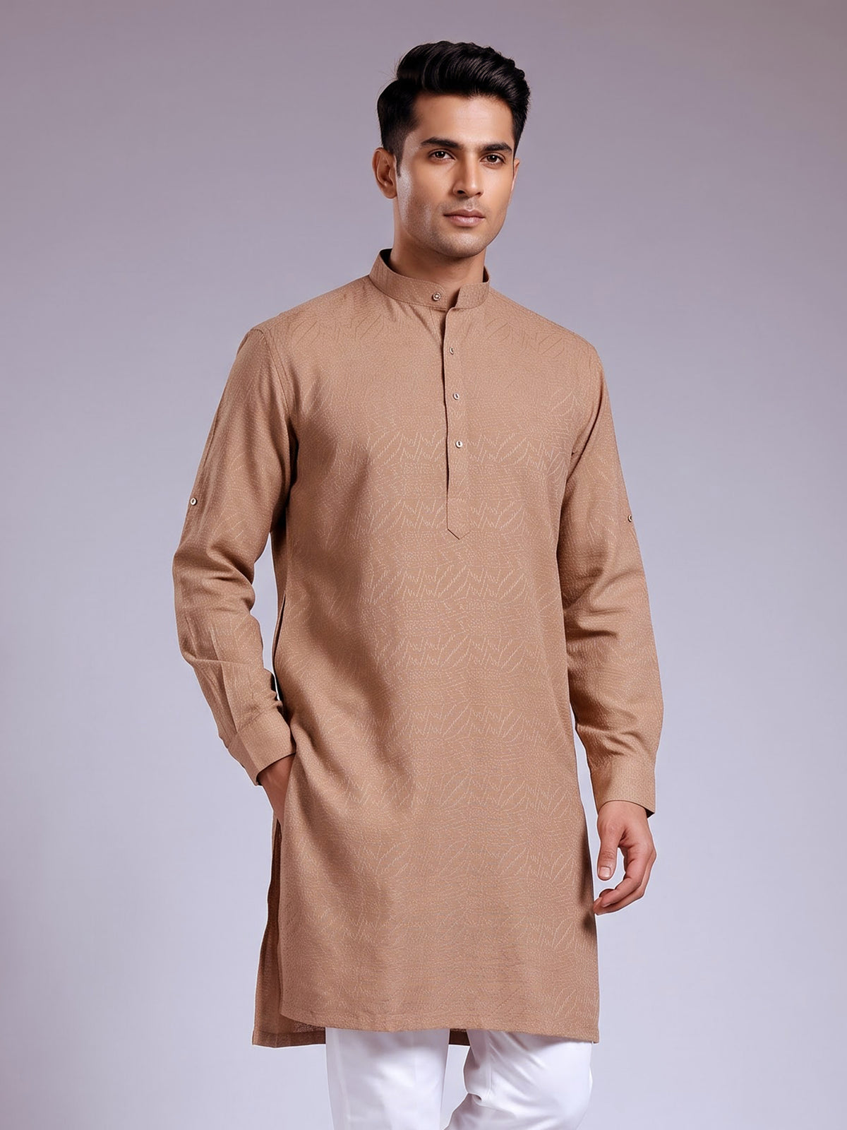 Camel beige embroidered cotton linen Chinese collar kurta for mens