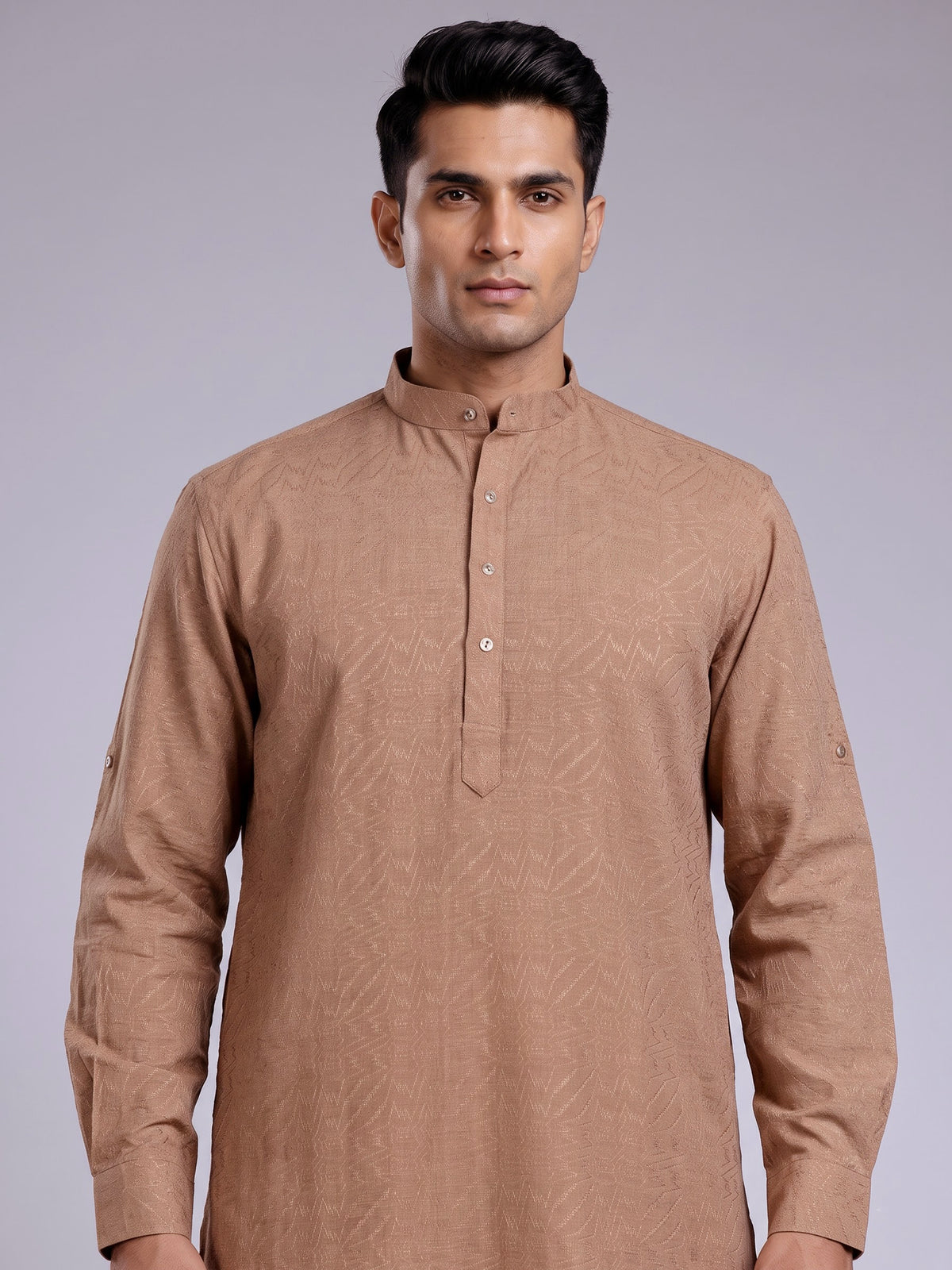 Camel beige embroidered cotton linen Chinese collar kurta for mens