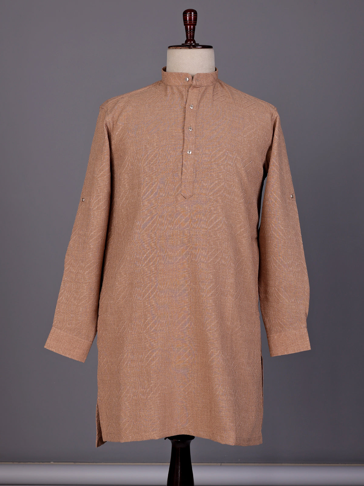 Camel beige embroidered cotton linen Chinese collar kurta for mens