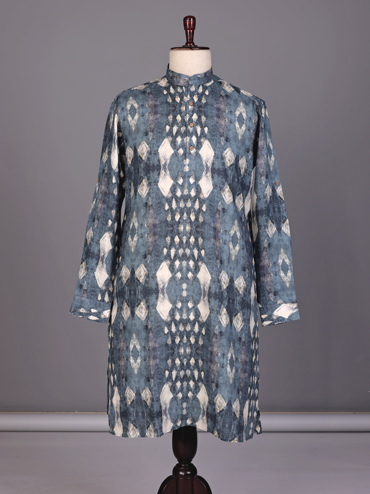 Stone grey printed silk Chinese collar kurta for mens
