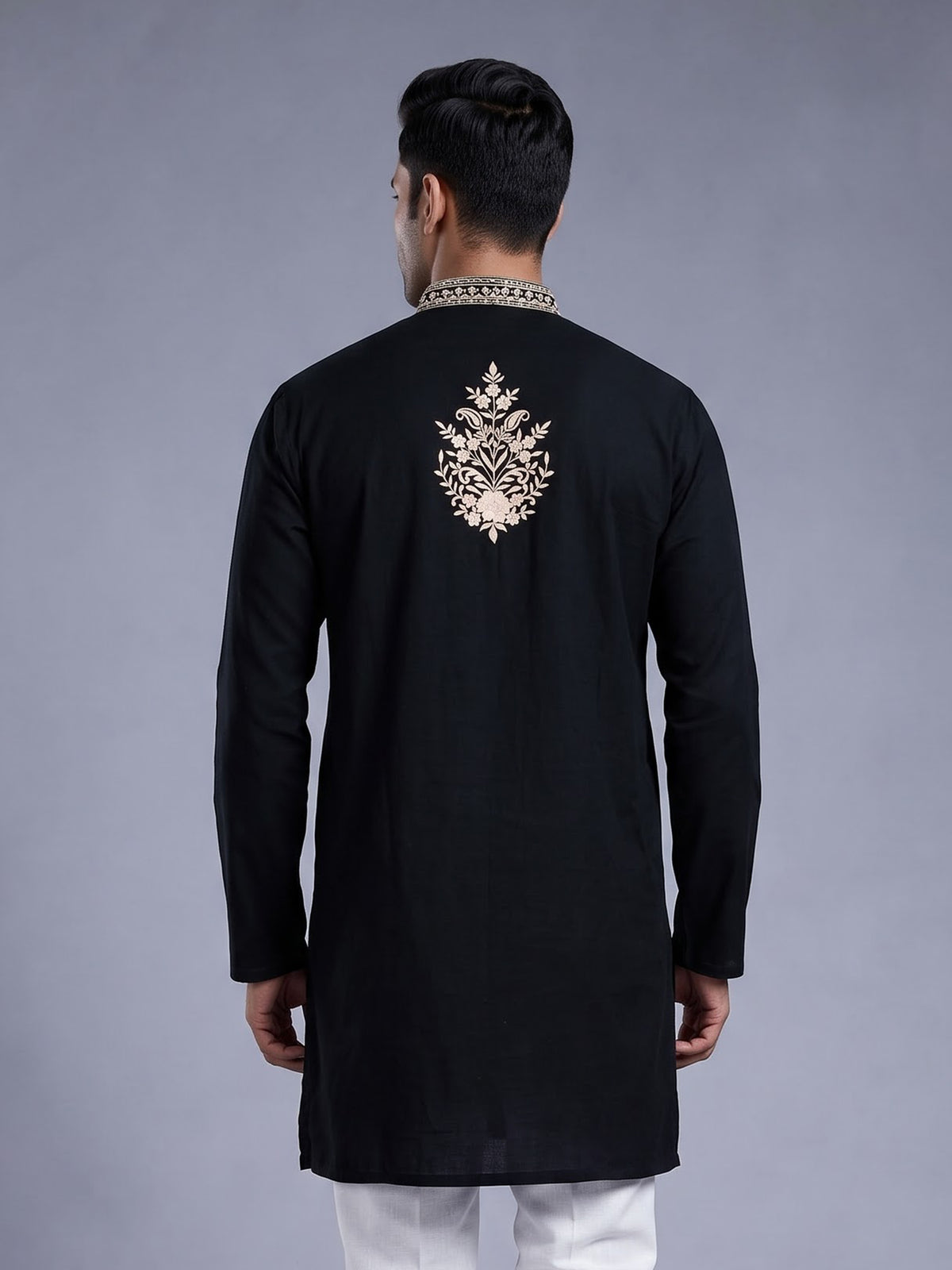 Black cream floral embroidered cotton blend kurta for mens