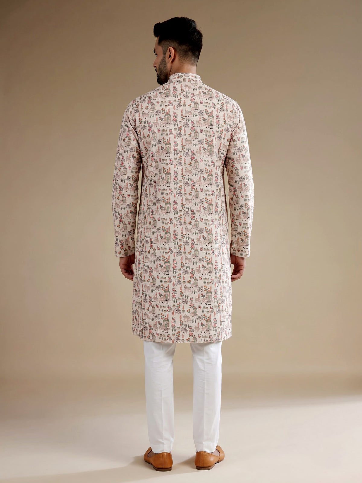 Beige cotton mens kurta suit with traditional floral vine print