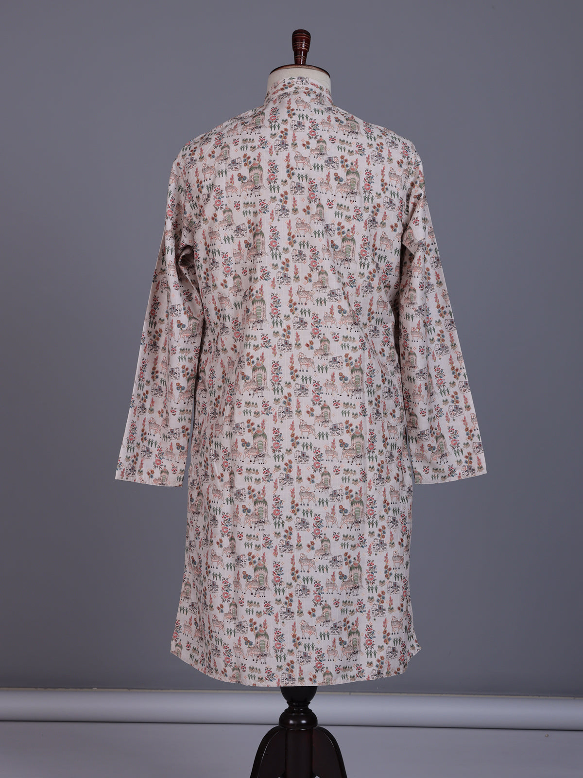 Beige cotton mens kurta suit with traditional floral vine print