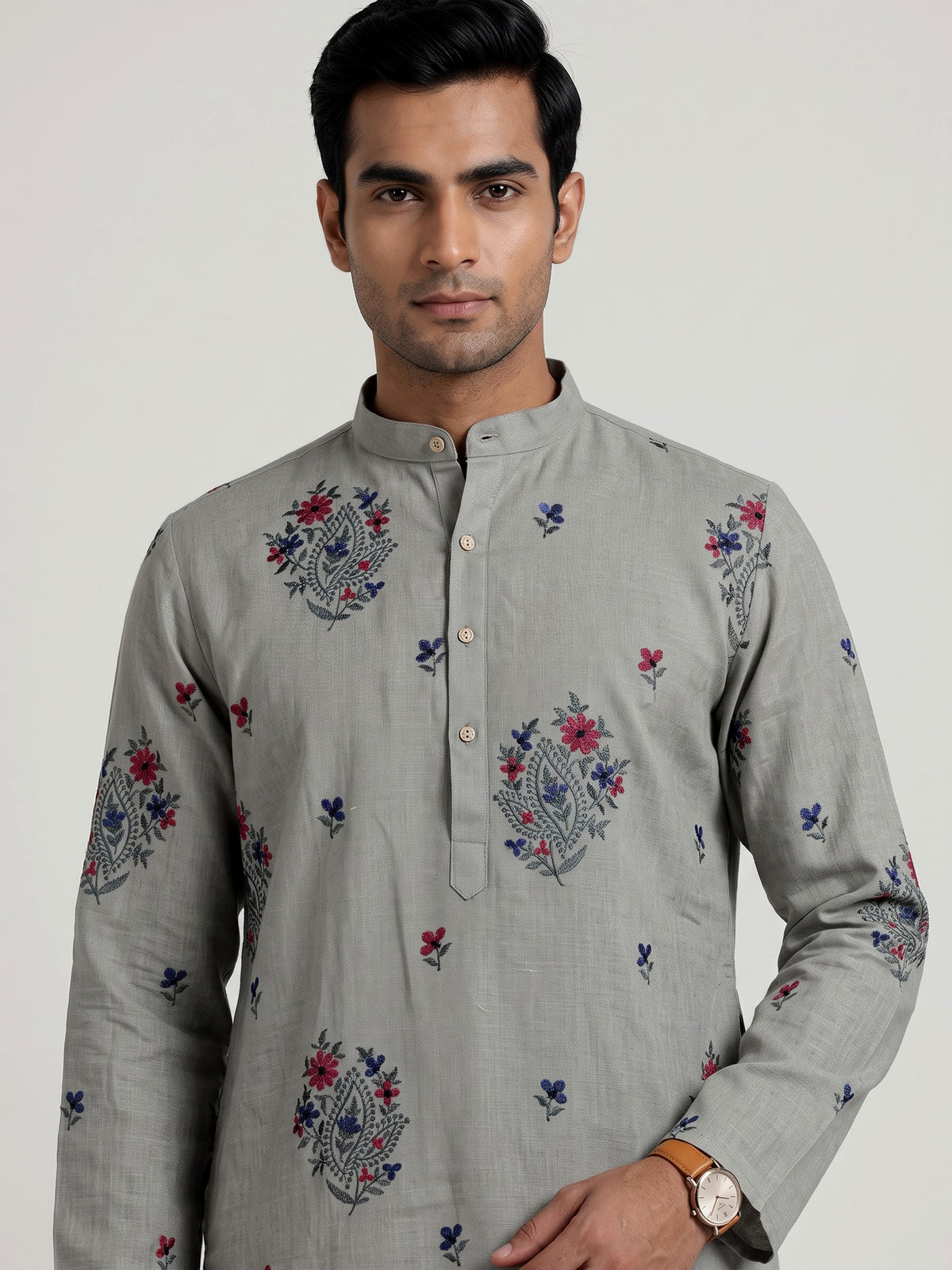 Grey cotton linen mens kurta suit with paisley floral embroidery