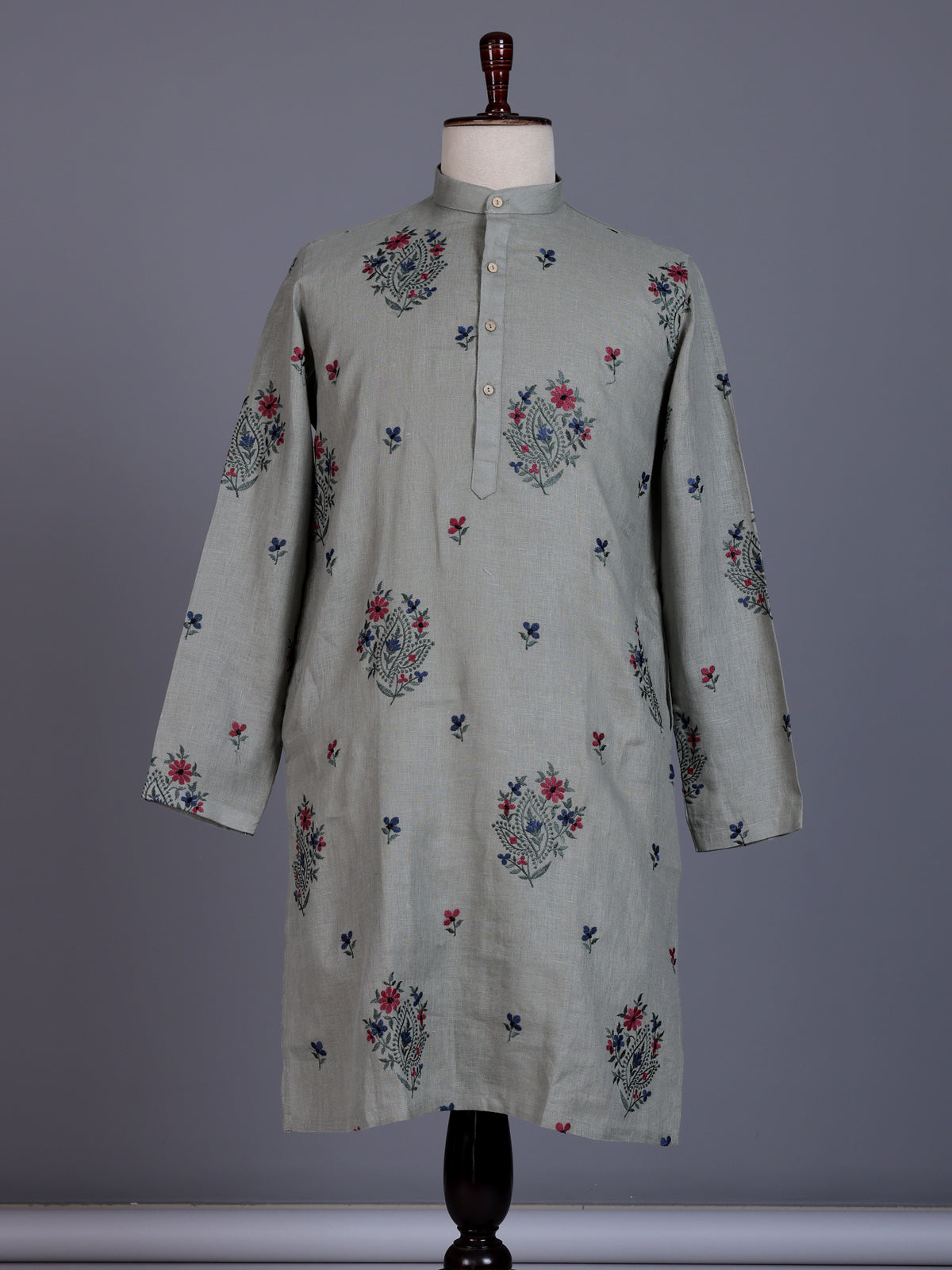 Grey cotton linen mens kurta suit with paisley floral embroidery